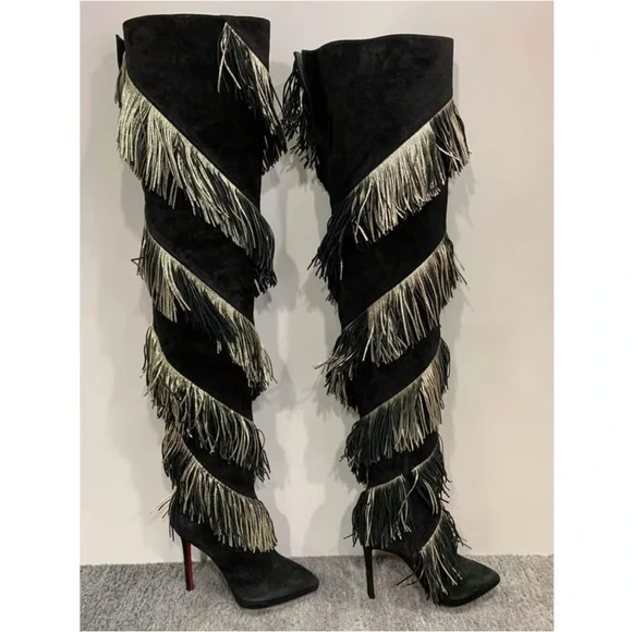Christian Louboutin Bolcheva Black and Gold Fringe thigh high Boots 40EU/(9) NEW - Picture 8 of 11